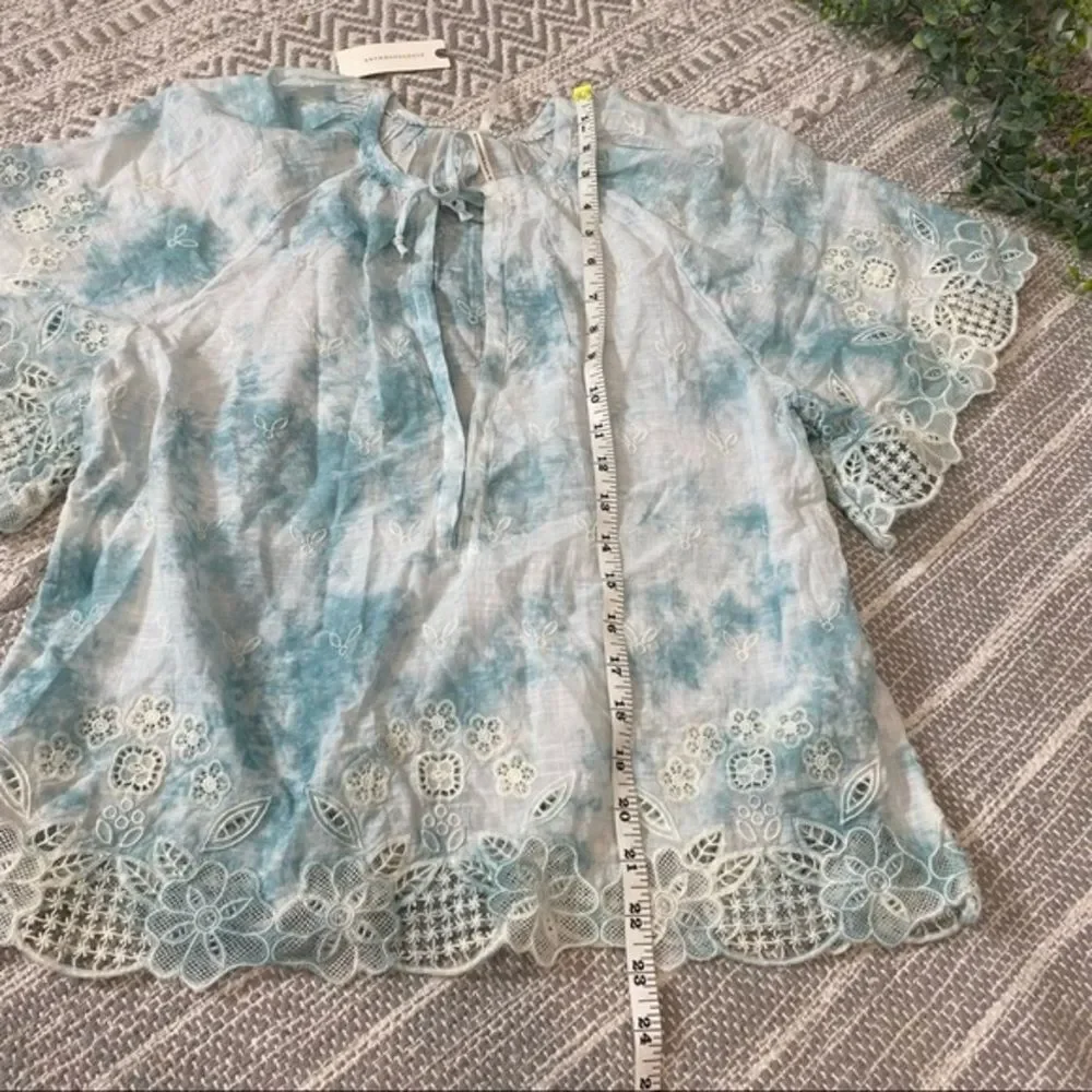 NWT Anthropologie Embroidered Tie Dye Eyelet Boho Puff Sleeve Blouse Top